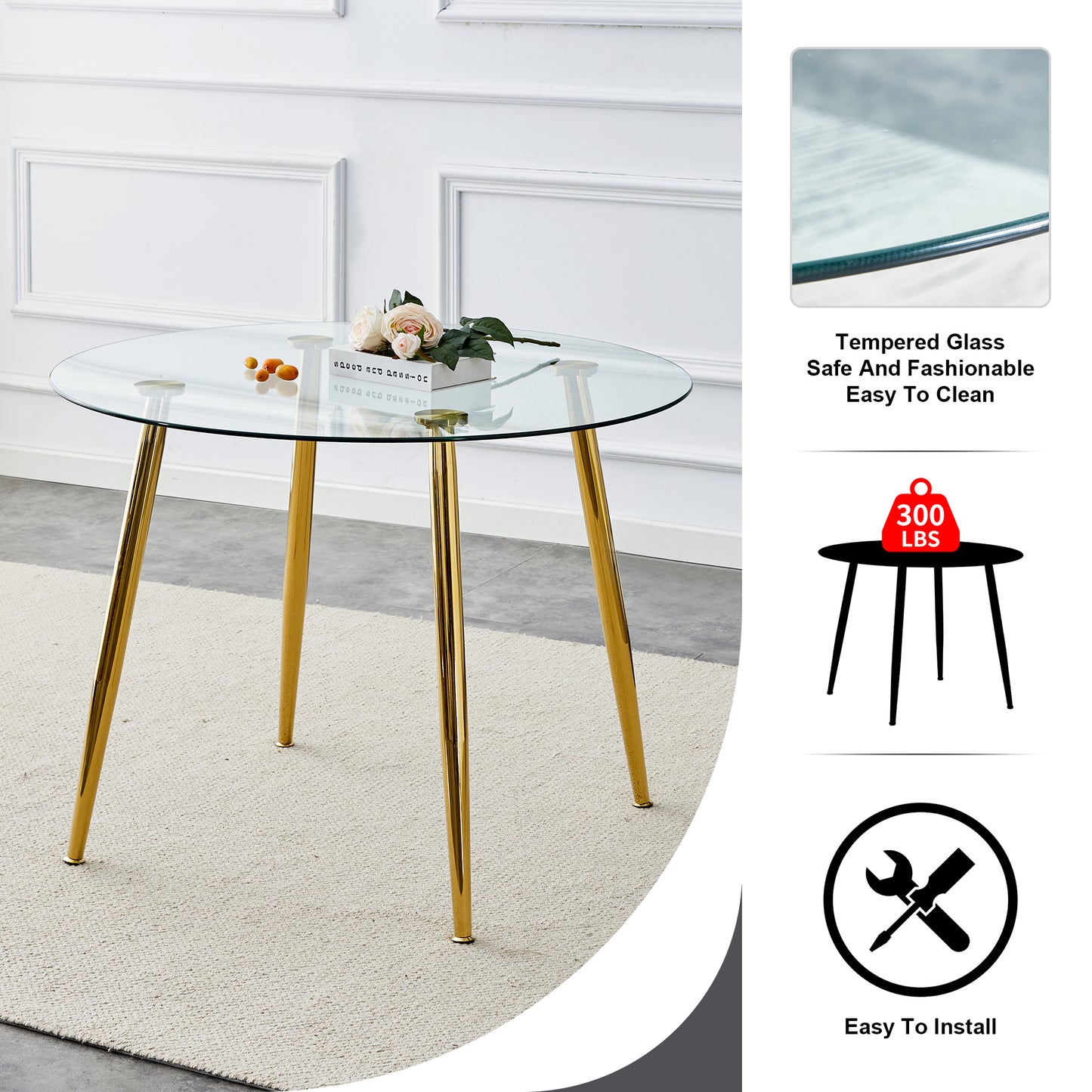 Circular Glass Dining Table 40 Inch Minimalist Gold Plated Legs