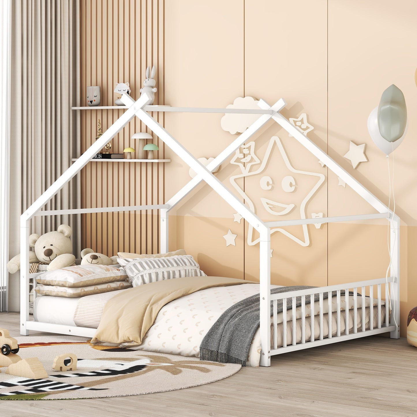 Whimsical White Full Size Metal House Bed for Kids