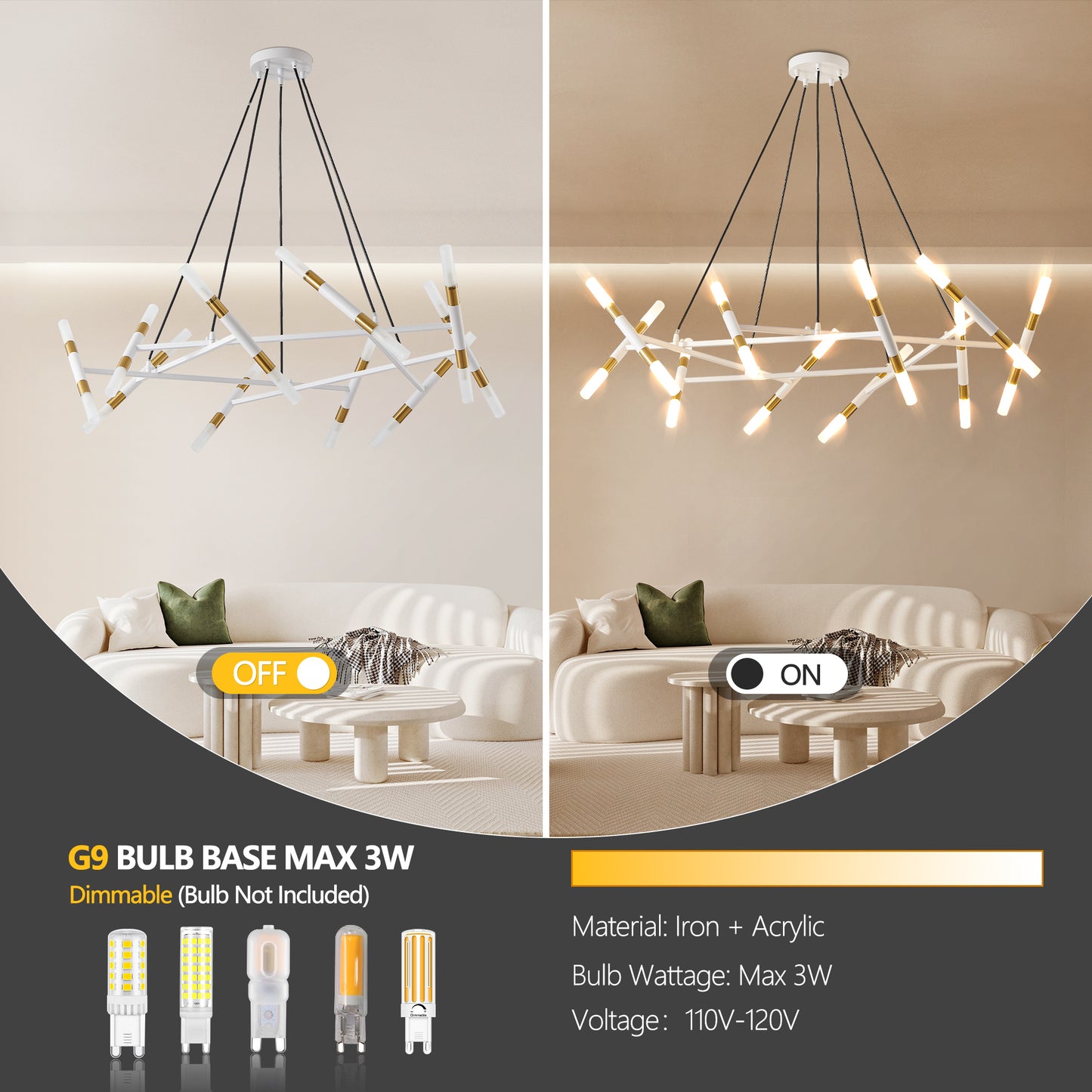 Branch Chandelier, Frosted Tubes, Adjustable Height, Dining Room or Kitchen Island White & Golden
