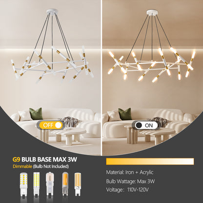 Branch Chandelier, Frosted Tubes, Adjustable Height, Dining Room or Kitchen Island White & Golden