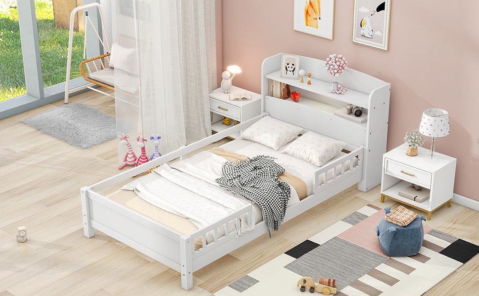 Elegant White Twin Platform Bed with LED Light, Storage Headboard, and Safety Guardrails