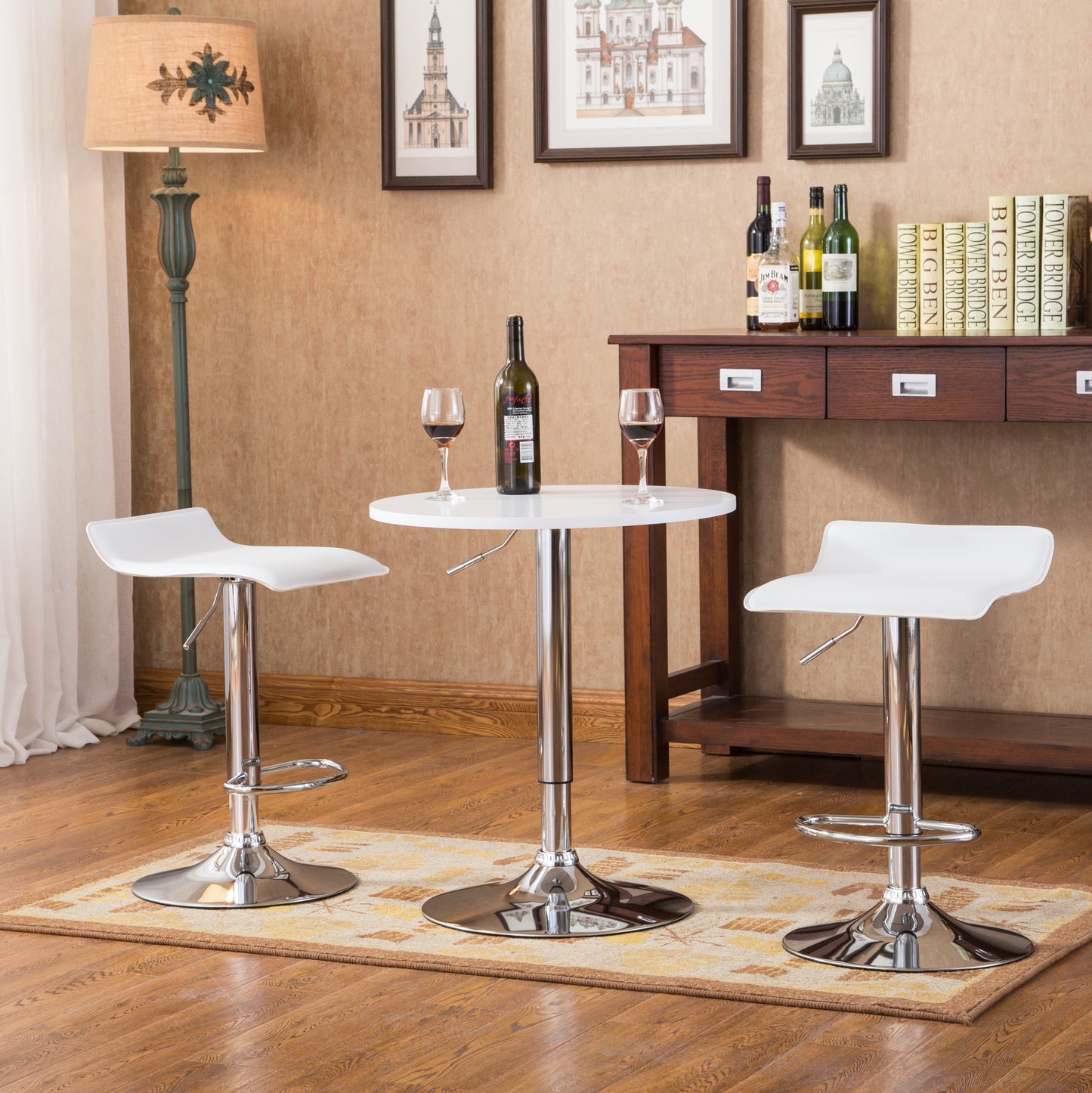 Adjustable Height Bar Table with Wood Top & Chrome Metal Frame, 2 Chrome Air Lift Swivel Stools, White