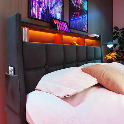 Modern Queen Size Upholstered Platform Bed with Hydraulic Storage, LED Lighting, and USB Port - Grey (Mattress Not Included)