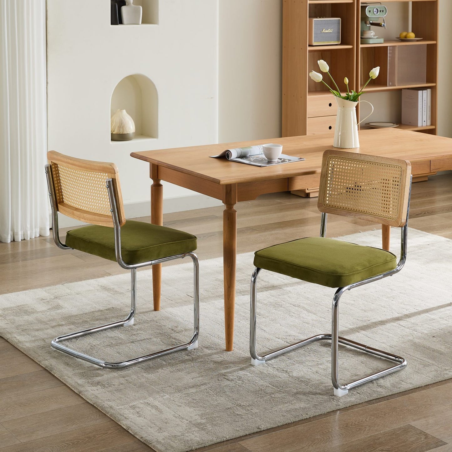Set of 2 Velvet Dining Chairs with Rattan Back and Cantilever Chrome Base, Mid-Century Style, Olive Green