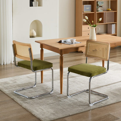 Set of 2 Velvet Dining Chairs with Rattan Back and Cantilever Chrome Base, Mid-Century Style, Olive Green