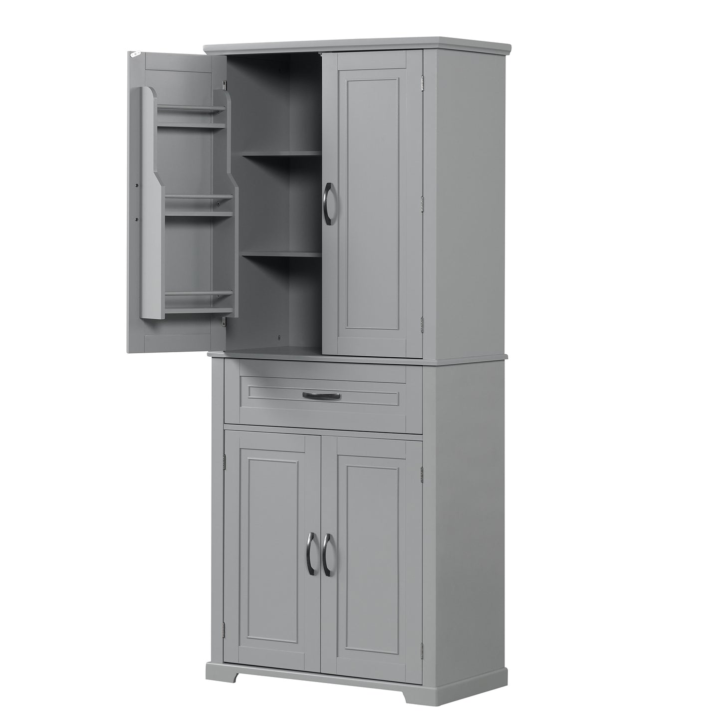 Tall Grey MDF Bathroom Storage Cabinet with Adjustable Shelf and Multiple Storage Solutions