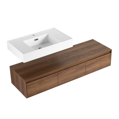 Contemporary 60-Inch Wall-Mounted Bathroom Vanity with Resin Sink and Soft-Close Drawers