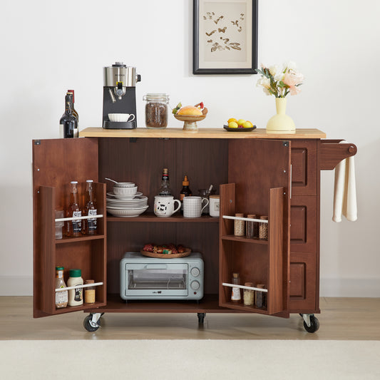 Rolling Kitchen Island Cart with Drop Leaf Tabletop and Storage, Retro Brown Barn Door Design on Wheels
