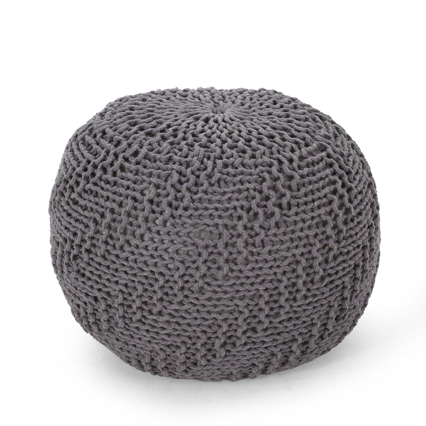 Round Knitted Pouf Ottoman, 20 x 20 in, Cotton Knit with Recycled PET Yarn, Eco-Friendly Decor, Dark Grey
