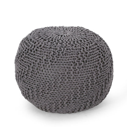 Round Knitted Pouf Ottoman, 20 x 20 in, Cotton Knit with Recycled PET Yarn, Eco-Friendly Decor, Dark Grey