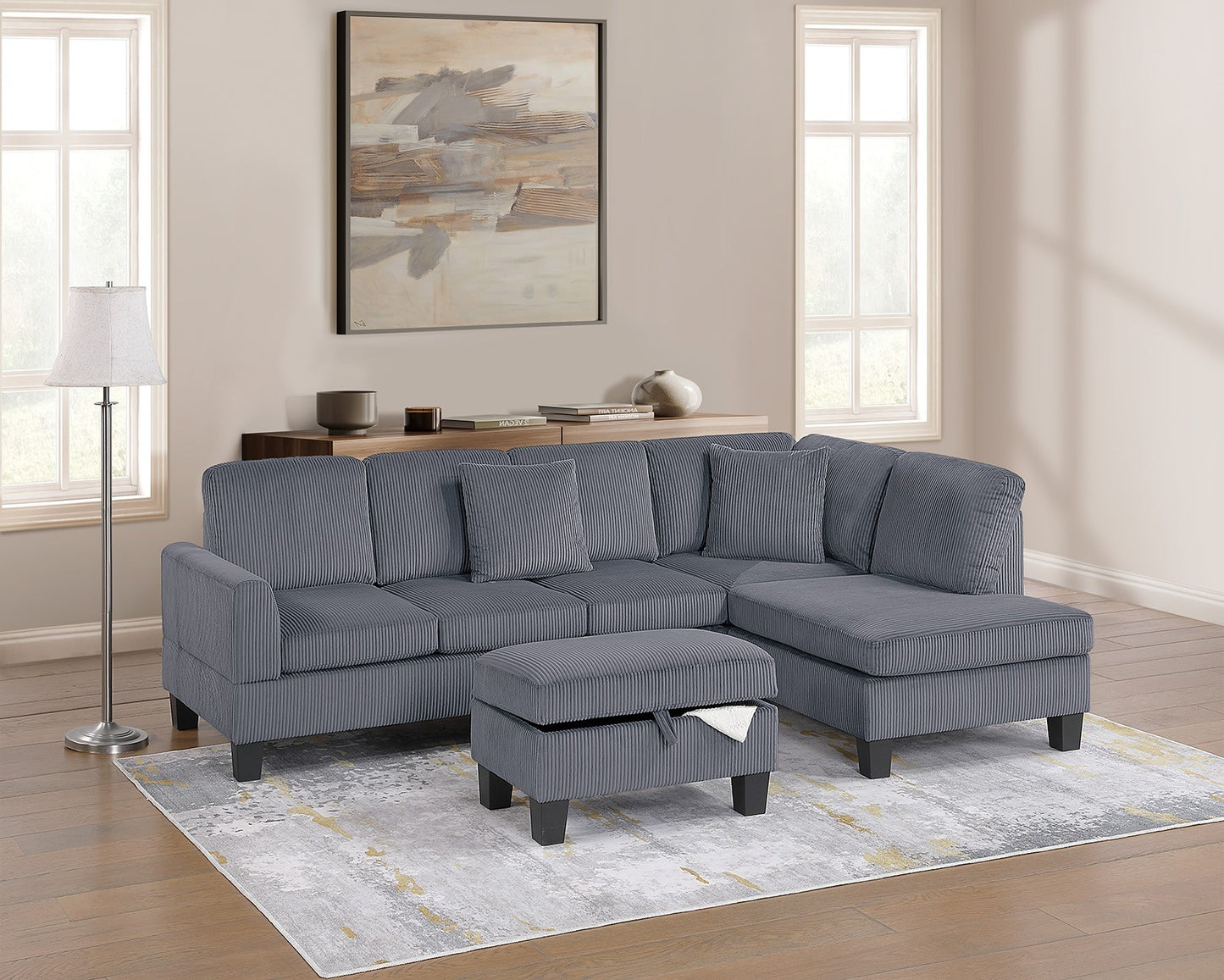 3-Piece Sectional: RAF Chaise, LAF Sofa, Storage Ottoman, Corduroy Upholstery, Modern Style Dark Gray