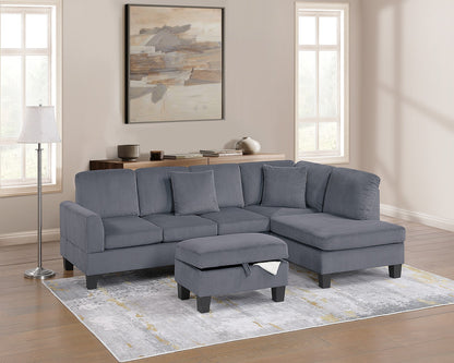 3-Piece Sectional: RAF Chaise, LAF Sofa, Storage Ottoman, Corduroy Upholstery, Modern Style Dark Gray