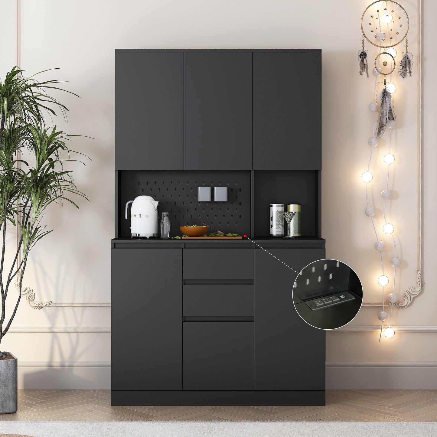 Elegant 74" Black Kitchen Pantry Cabinet with Versatile Storage Solutions, 6 Doors, 3 Shelves & 2 Drawers, Perfect for Kitchen, Laundry, or Craft Room