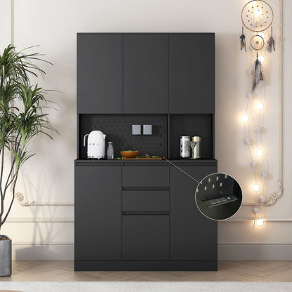 Elegant 74" Black Kitchen Pantry Cabinet with Versatile Storage Solutions, 6 Doors, 3 Shelves & 2 Drawers, Perfect for Kitchen, Laundry, or Craft Room
