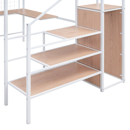 Stylish Full Size Metal Loft Bed with Integrated Desk and Storage Solutions in White