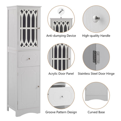 Sleek White Freestanding Bathroom Storage Cabinet with Adjustable Shelves and Drawer