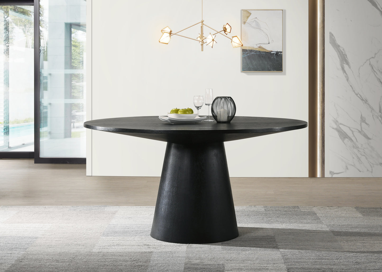 Round Dining Table 59 Inch Wide Solid Wood MDF Ebony Black