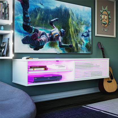 Floating TV Stand for 60-Inch TVs MDF + Metal, Glass, RGB, Cable Management, Wall Mount, White