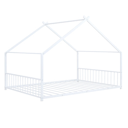 Whimsical White Full Size Metal House Bed for Kids