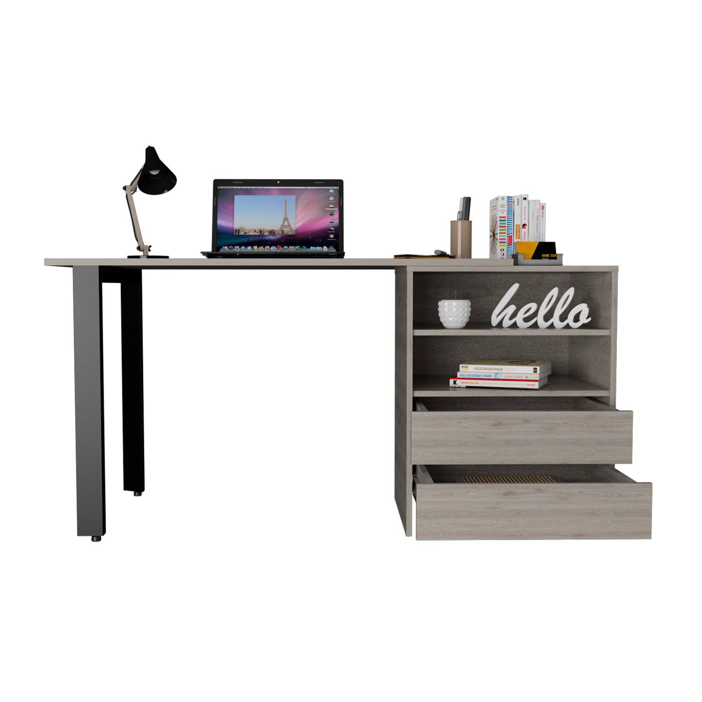 Malaui Modern Office Desk with Metal Legs, Dual Drawers & Shelves - Light Gray