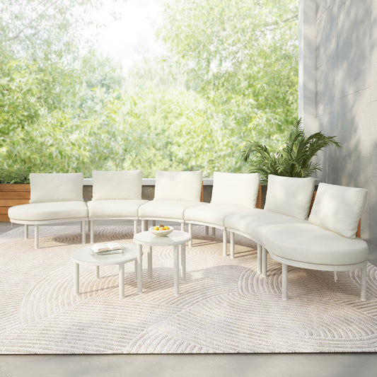 Eight Piece Outdoor Sectional With Half Moon Design And Two Coffee Tables PE Wicker Rattan Backyard Beige