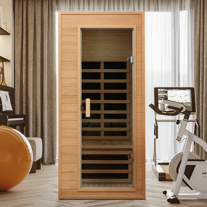 One-Person Far Infrared Indoor Sauna Room, 1290W, 5 Heaters, Hemlock Wood, Bluetooth, Natural