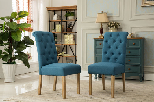 Solid Wood Parsons Dining Chair Set of 2, Tufted Upholstered 26W x 18D x 39.2H in, Oak Finish, Blue