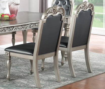 Set of 2 Formal Dining Chairs, Rubberwood, Tufted Back, Cushioned Seat, Traditional Design, Grey-Silver
