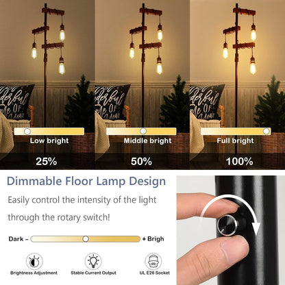 68-Inch 3-Head Dimmable Floor Lamp, Wood & Metal Base, Rustic Farmhouse Lighting for Living Room Black