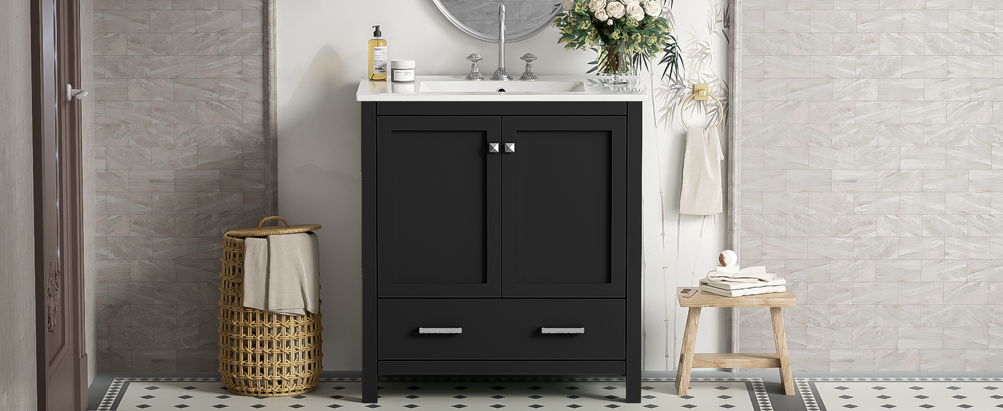 30-Inch Modern Black Bathroom Vanity with Single Sink and Soft-Close Doors, Stylish Storage Cabinet with Undermount Ceramic Basin, Durable Solid Wood Frame
