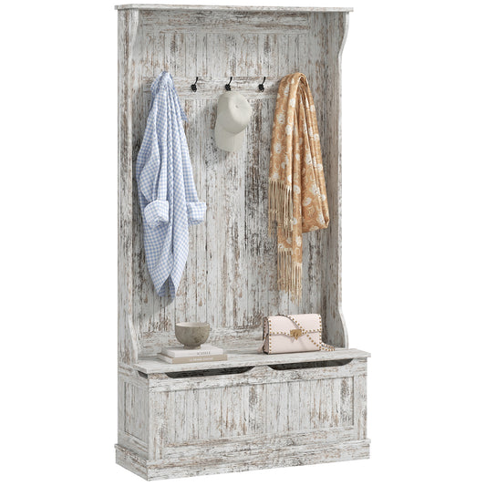 3-in-1 Entryway Hall Tree with Bench and Five Hooks, Coat Rack, 37.8W x 13.5D x 70.8H Distressed White