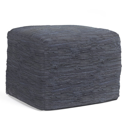 Square Pouf Footstool, 18-Inch Diameter, Dense Bead Fill, Footrest for Living Room, Dark Blue