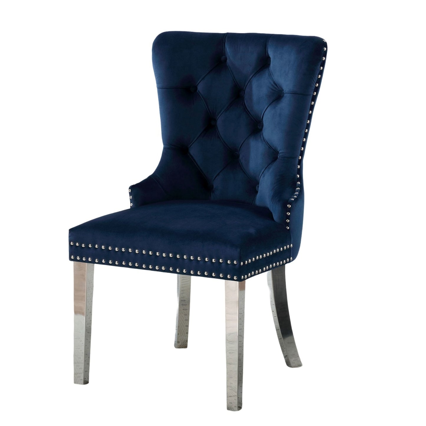 2-Piece Wingback Dining Chairs, Button-Tufted Upholstery, Solid Wood Frame, Chrome Legs - Blue