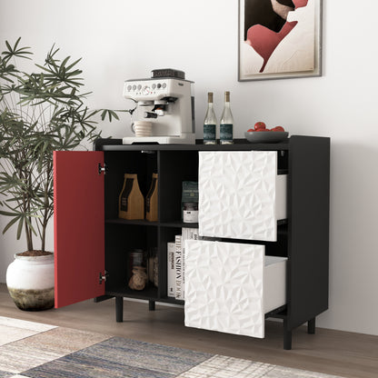 Sideboard Buffet Cabinet, Black Storage Cabinet with Red Doors , 2 Drawers with unique panel styling and 2 Open Storage Compartment, Modern Coffee Bar Cabinet Accent Cabinet for Kitchen, Dining Room,