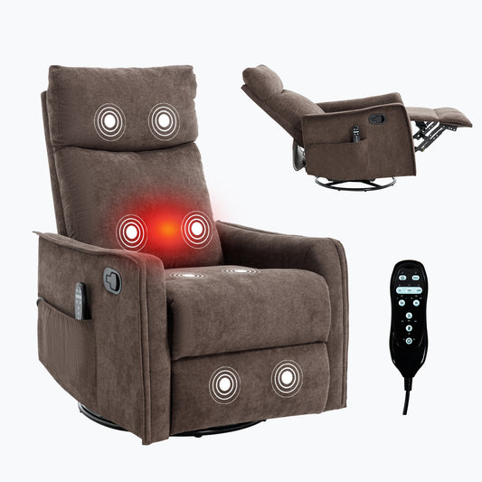 Fabric Massage Recliner with 360° Swivel, Rocker, Manual Recline, Lumbar Heat, Timer, Easy Assembly Brown