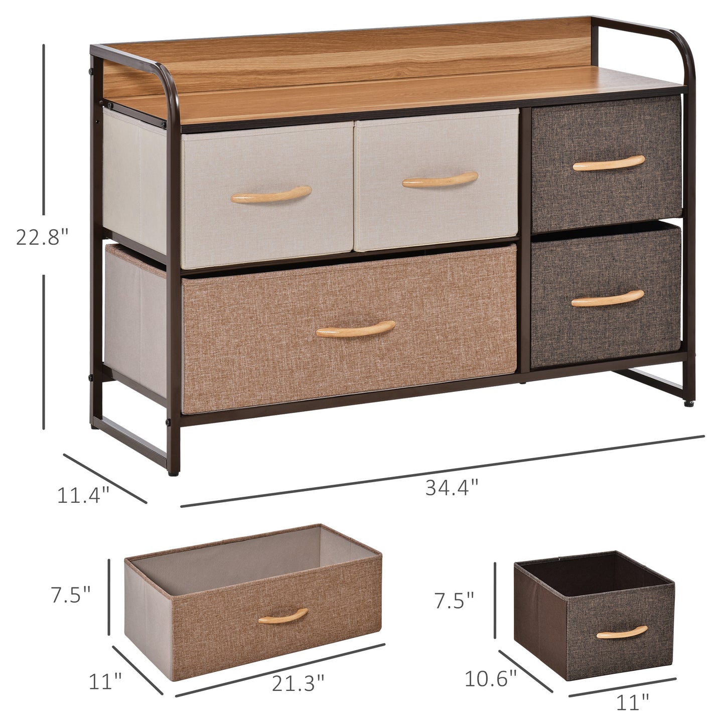 HOMCOM 5-Drawer Fabric Dresser with Wooden Top - Portable Storage Organizer for Bedroom and Entryway