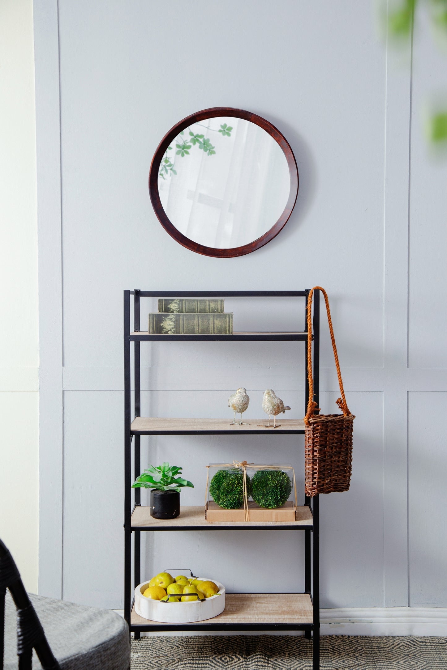 Round Transitional Mango Wood Wall Mirror - 20" Framed Accent for Bathroom and Entryway