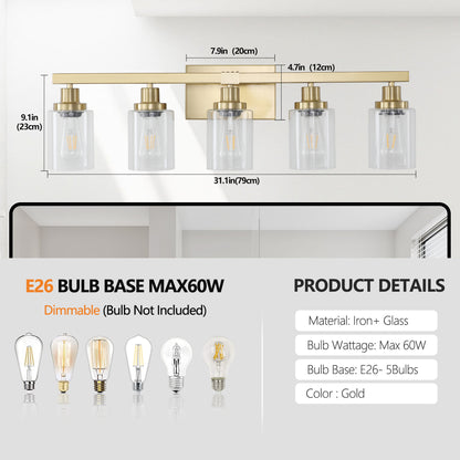 Five-Bulb Vanity Light with Clear Glass Shades Wall Fixture for Bathroom Bulbs Not Included Gold Finish