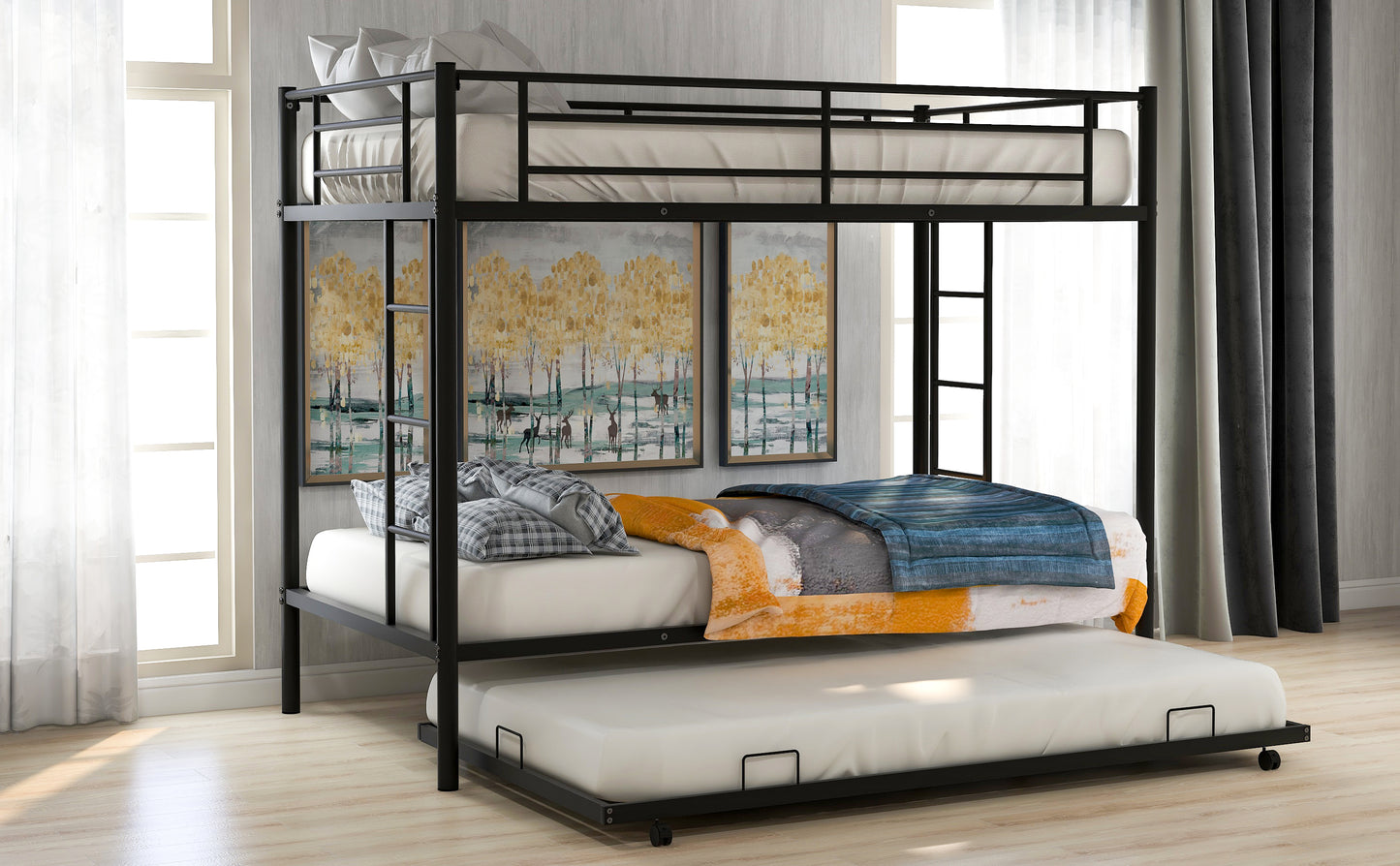 Sleek Black Twin Over Twin Bunk Bed with Trundle for Ultimate Space Efficiency