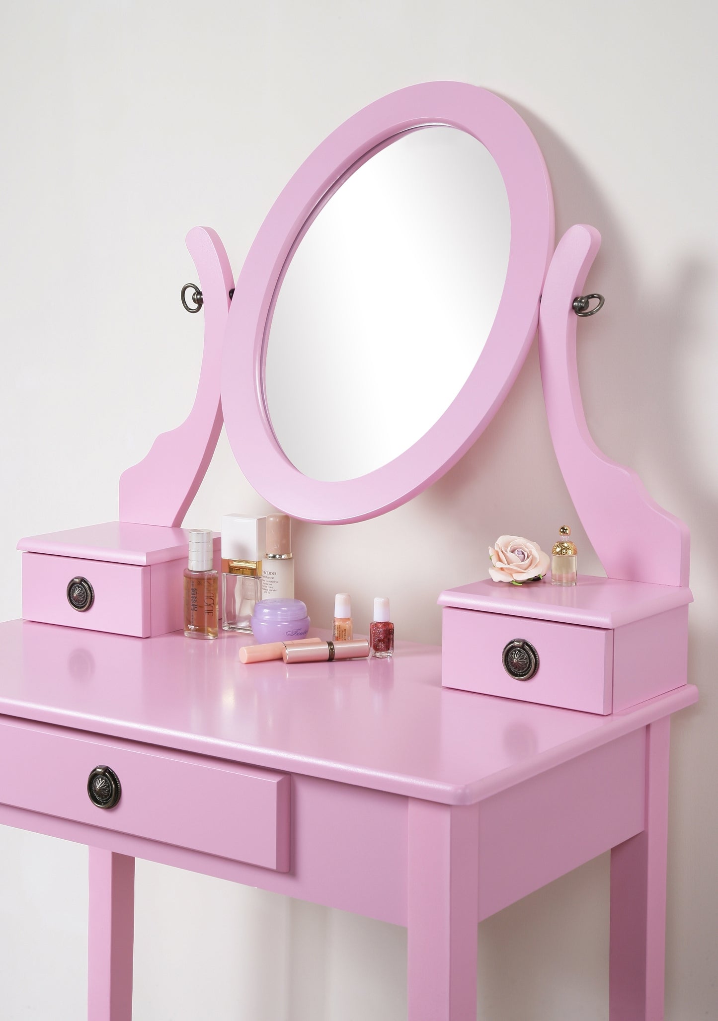 Wood Makeup Vanity Table and Stool Set with Drawers, Perfect for Bedroom Vanity Space, Pink