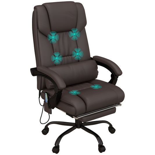 Brown High-Back Massage Office Chair with Remote Control, Adjustable Height, Reclining Footrest, and 6-Point Vibration System