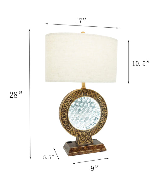 28-Inch Polyresin Table Lamp with Floating Crystal Decor, USB Port, 100W Type A Antique Brown