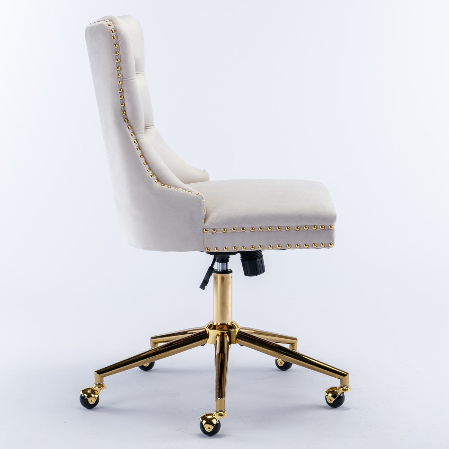 Velvet Tufted Button Office Chair with Golden Base - Adjustable Swivel Desk Chair in Beige