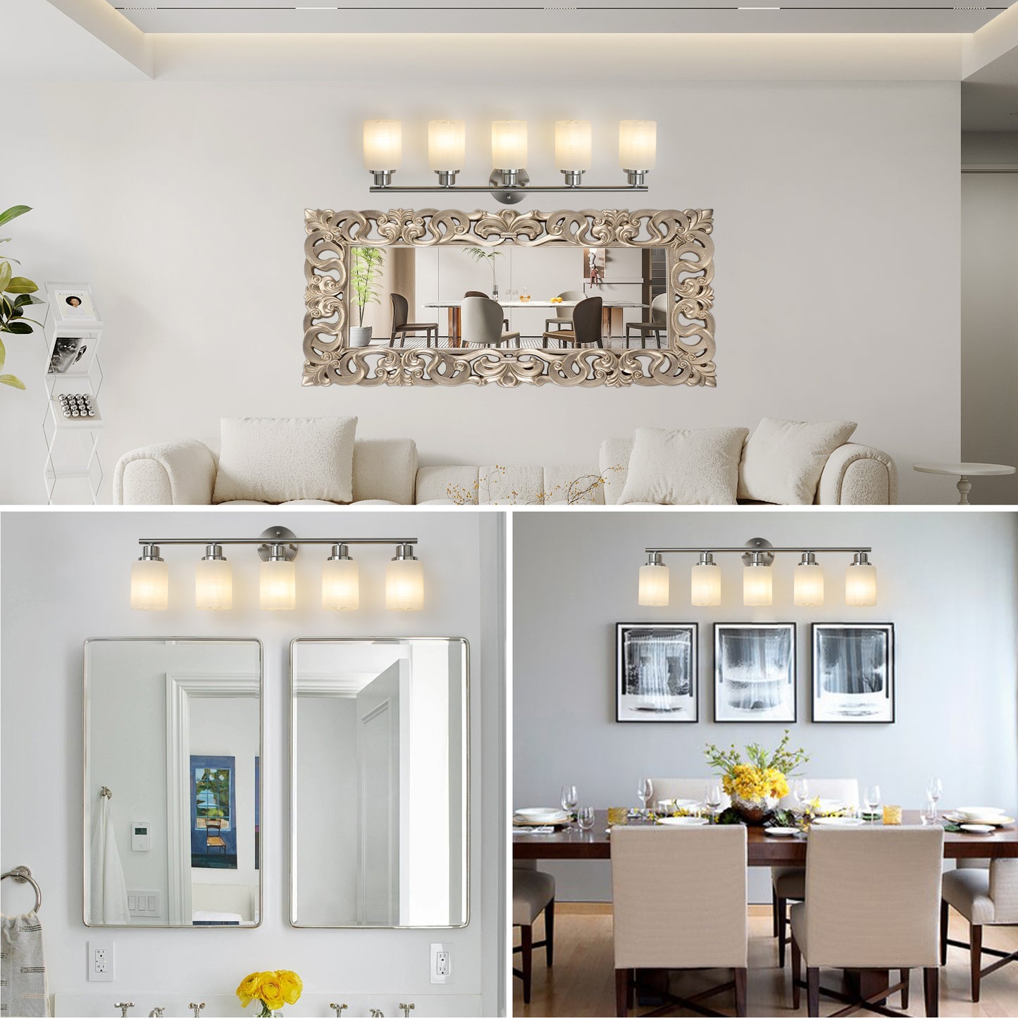 5-Light Vanity Sconce with Frosted Glass Shades for Bathroom or Hallway Lighting, Brushed Nickel