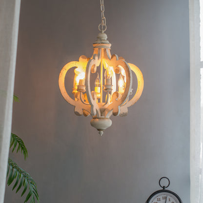 French Country 6-Light Wood Chandelier with Adjustable Chain, Bulbs Not Included, Whitewashed Beige