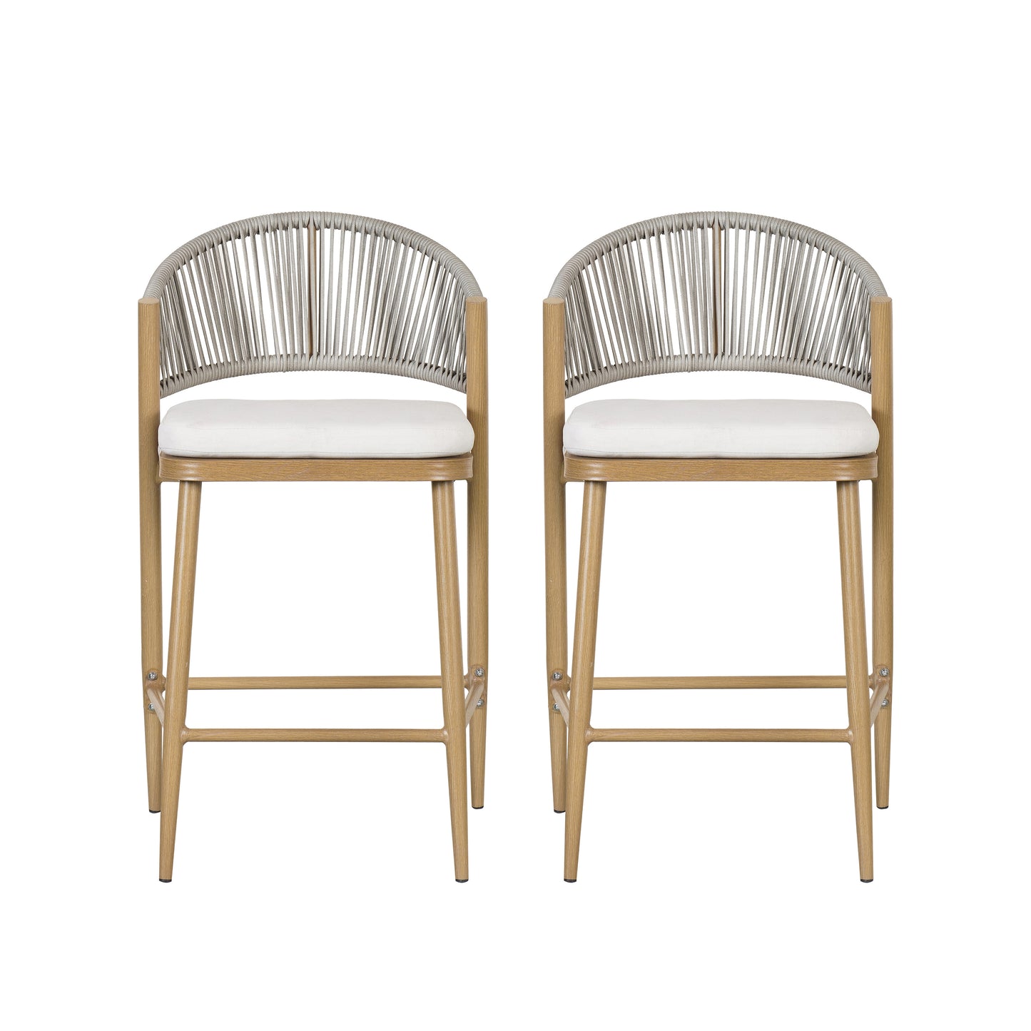 Outdoor 26 Inch Counter Height Aluminum Frame Stools With Scallop Backrest And Waterproof Cushions Set Of 2 Maple Finish