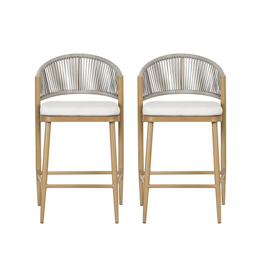 Outdoor 26 Inch Counter Height Aluminum Frame Stools With Scallop Backrest And Waterproof Cushions Set Of 2 Maple Finish