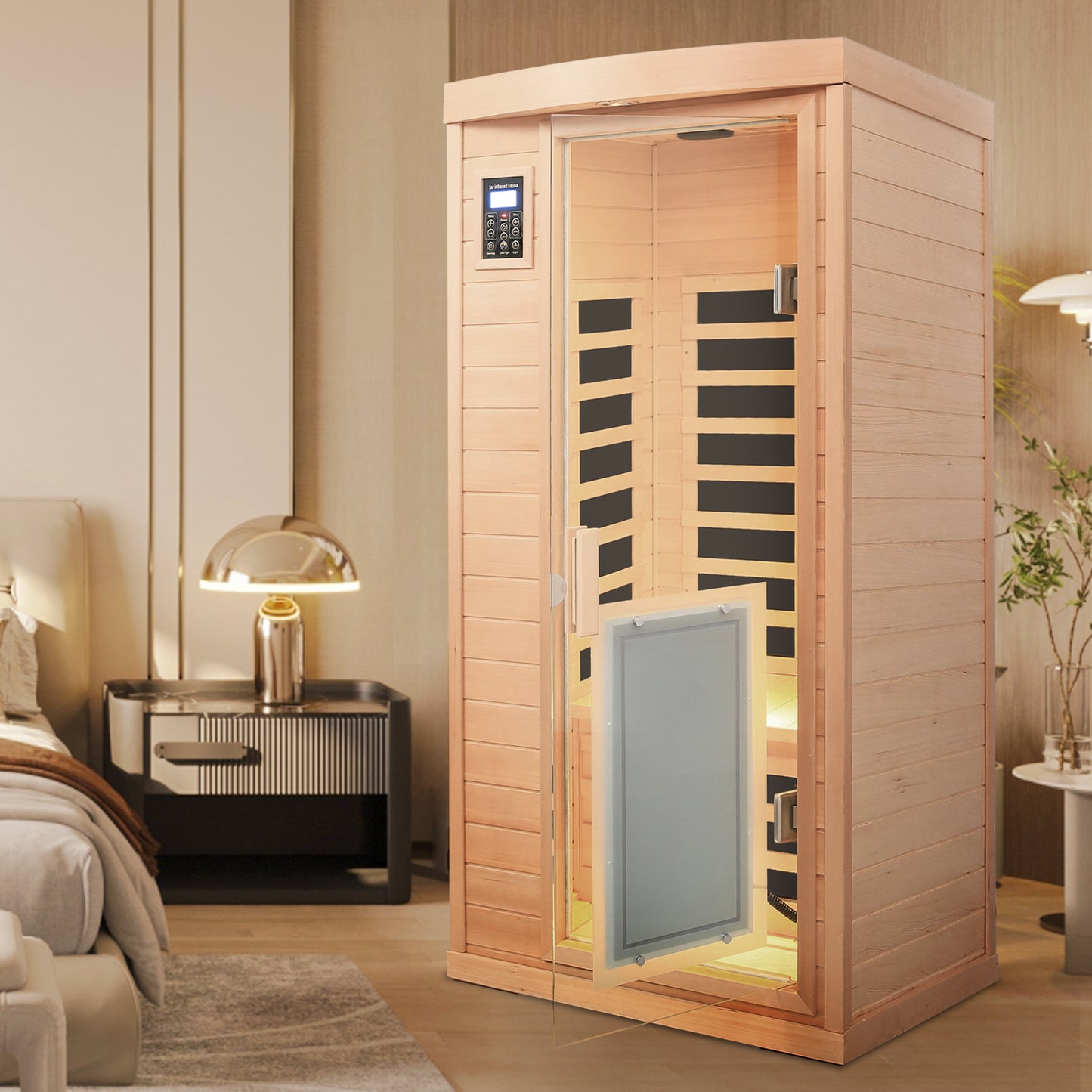 1-Person Hemlock Far-Infrared Indoor Sauna with Front-Door Heating Panel, Low EMF, Bluetooth Natural