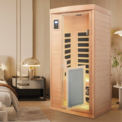 1-Person Hemlock Far-Infrared Indoor Sauna with Front-Door Heating Panel, Low EMF, Bluetooth Natural