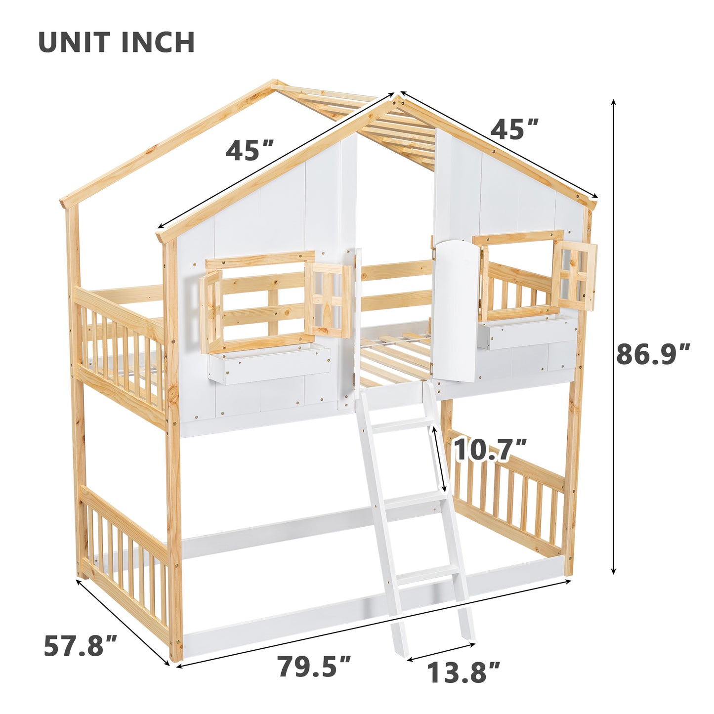 Twin House Bunk Bed for Kids with Roof, Windows, and Safety Features - Natural/White Finish